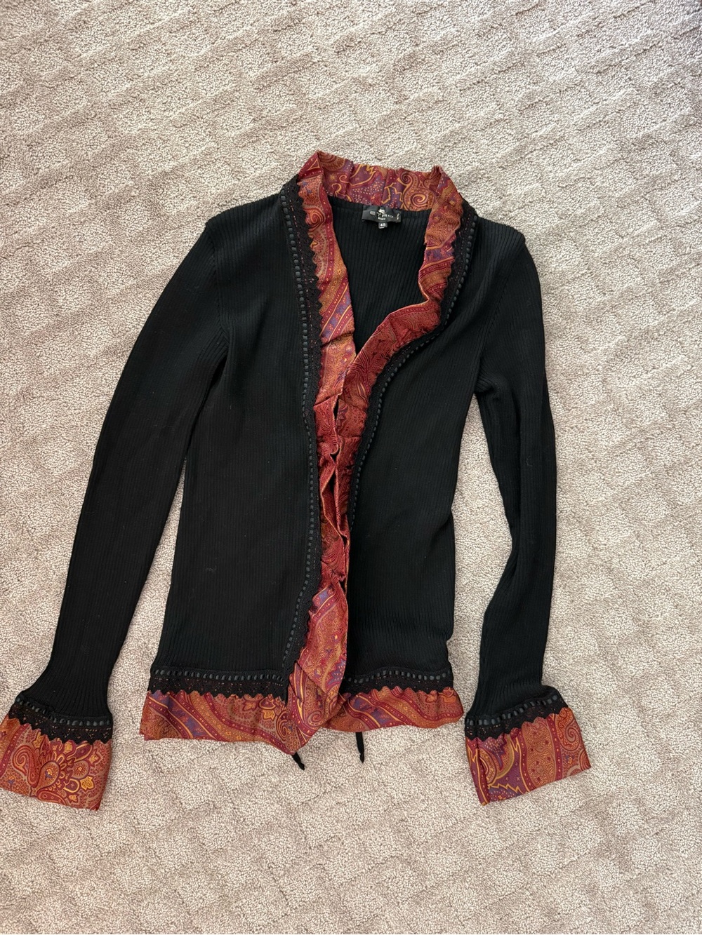 Etro Silk Trim Ribbed Cardigan Black & Red Size 48 - Picture 1 of 3